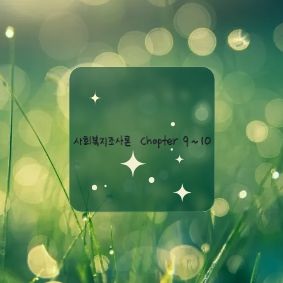 초록색 자연 배경과 반짝이는 별 장식 중앙에 '사회복지조사론 Chapter 9~10' 문구가 적힌 블로그 대표 썸네일 이미지